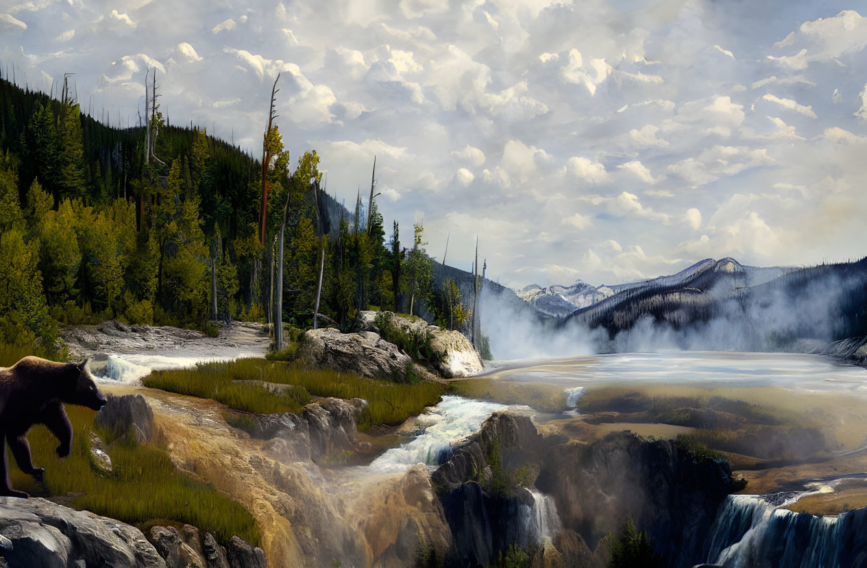 Panoramic landscape with bear, stream, waterfalls, geysers, mountains, and forest