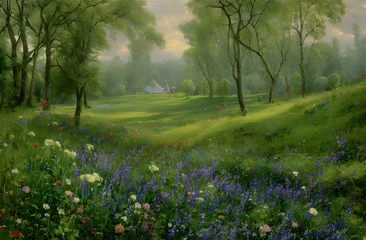 Tranquil landscape with wildflowers, lush trees, winding path, and misty ambiance