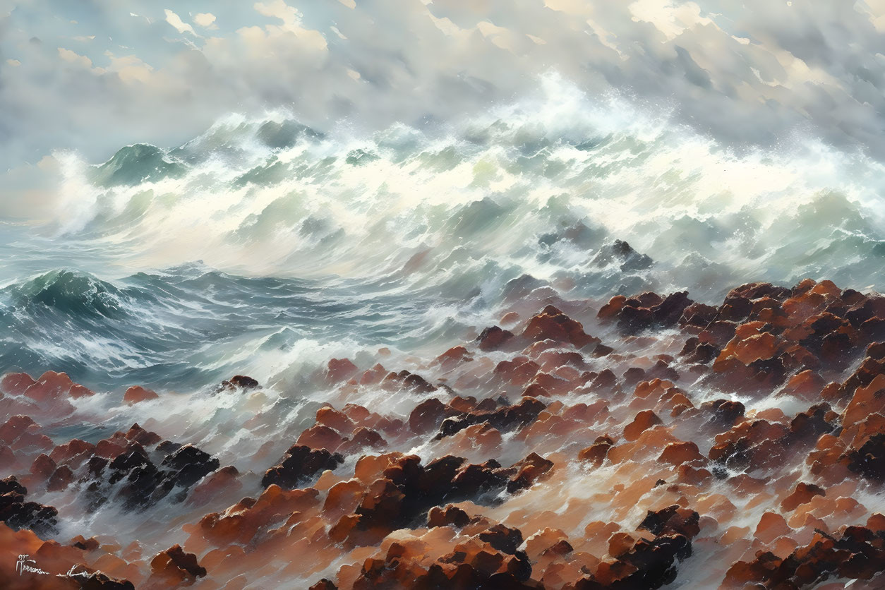 Stormy Sea Waves Crashing on Rocky Shoreline