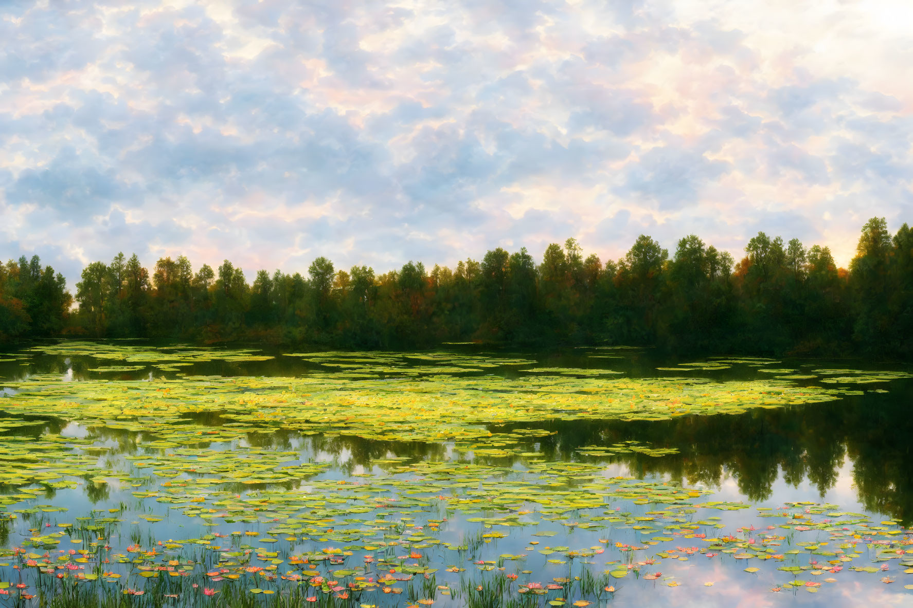 Tranquil lake with water lilies under pastel sky at sunrise/sunset