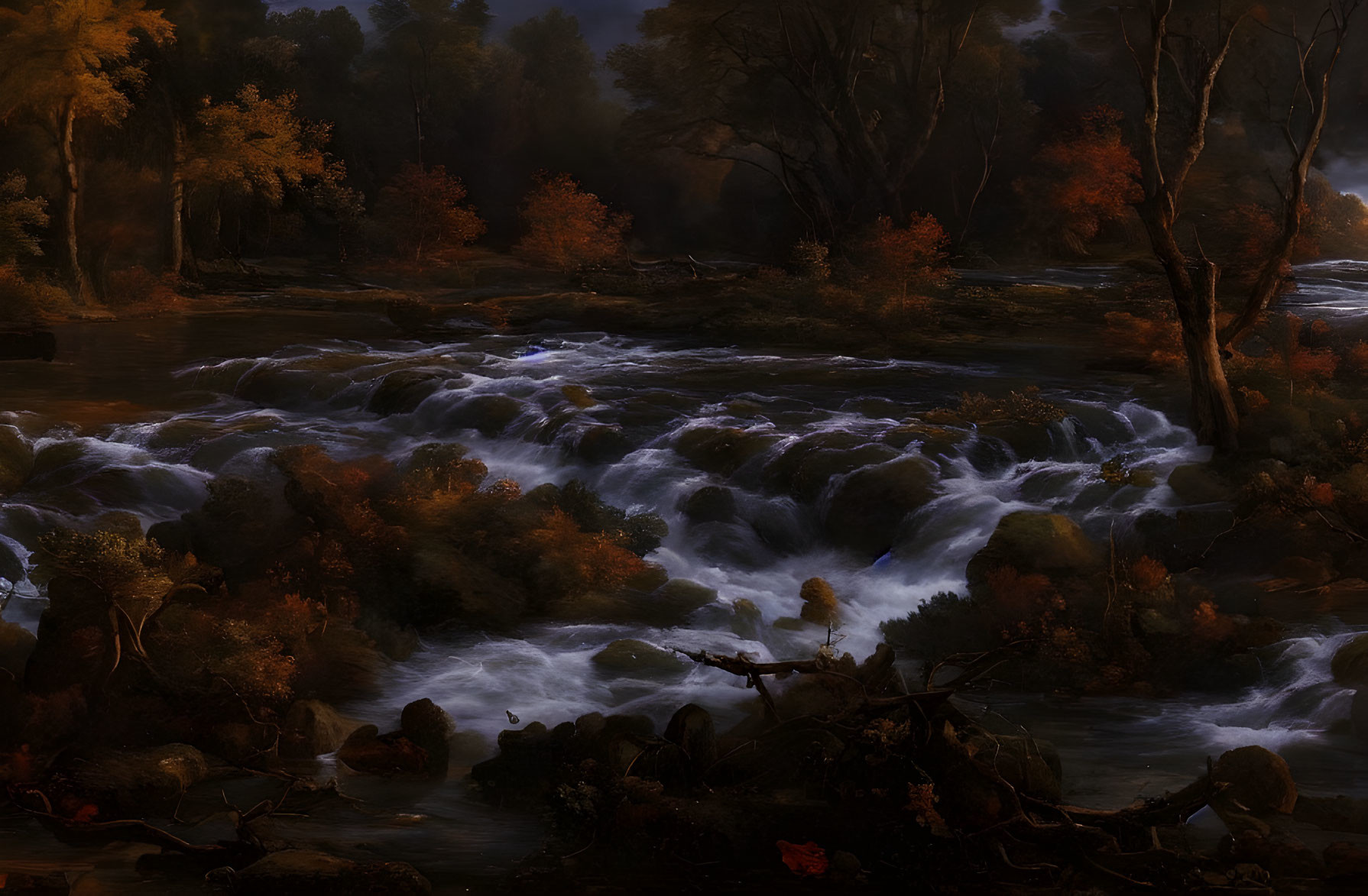 Autumn forest with river under moonlight