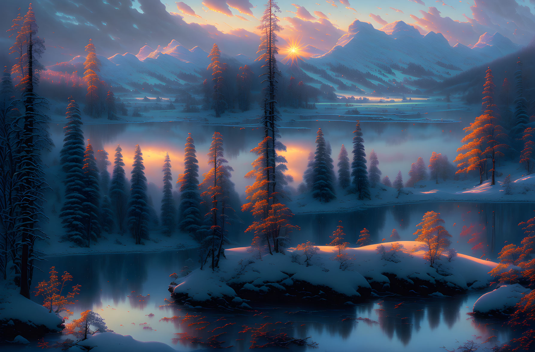Snow-covered trees, serene lake, sunset behind mountains: Tranquil winter scene