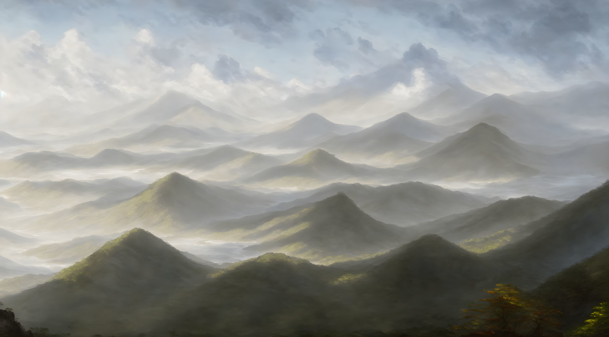 Misty mountain landscape with billowing clouds and greenery
