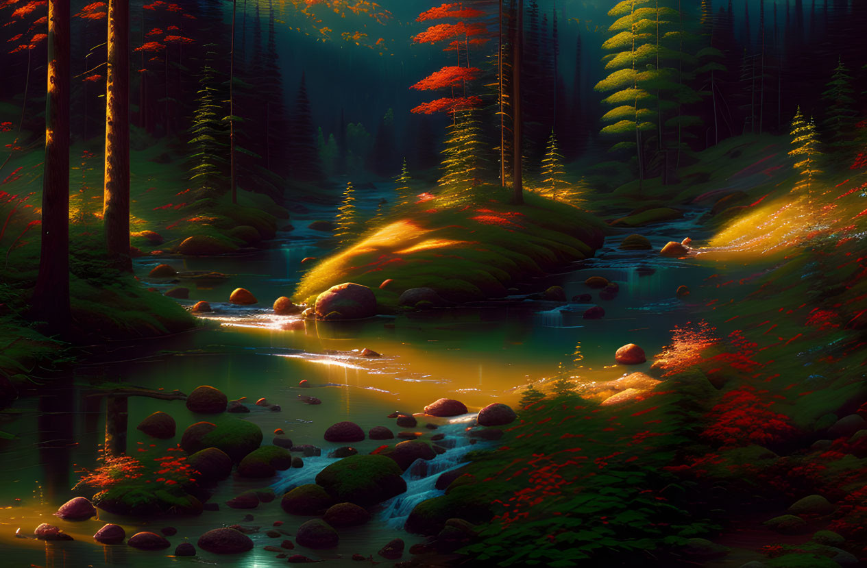 Sunlit mystical forest with stream and moss-covered rocks.