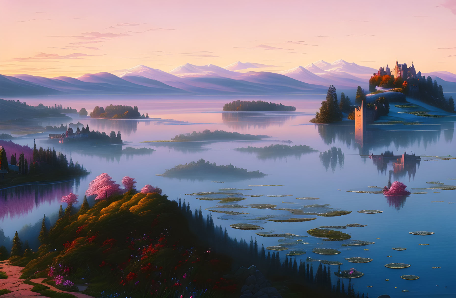 Scenic sunrise view of castle by tranquil lake and mountains