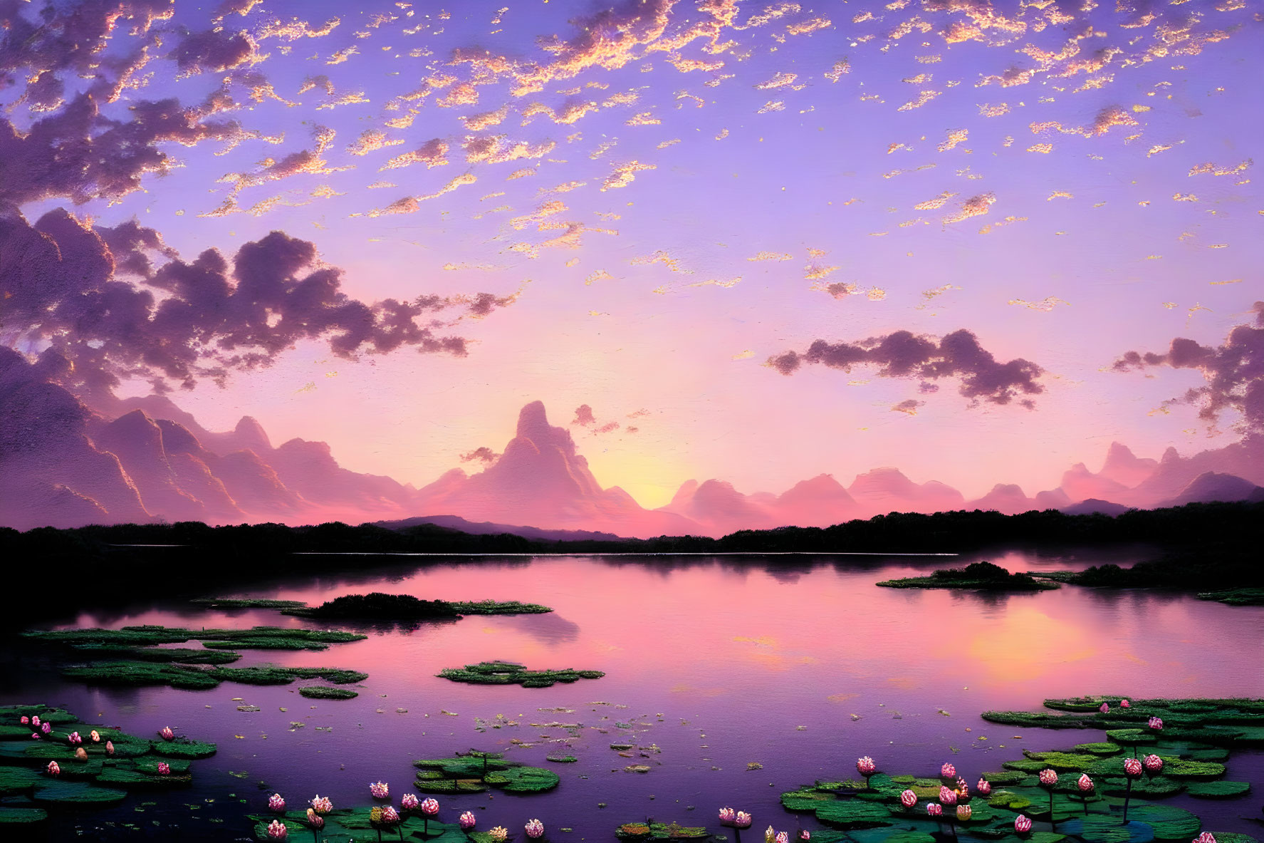 Tranquil sunset scene: lake, water lilies, pink and purple hues, clouds, mountains