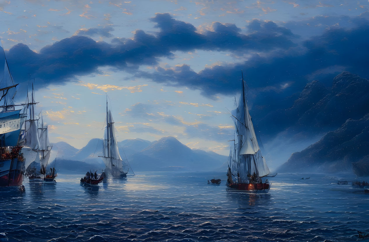 Sailing ships on calm sea with mountains under dramatic evening sky