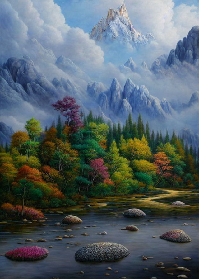 Autumn mountain landscape with river, trees, and foggy peaks