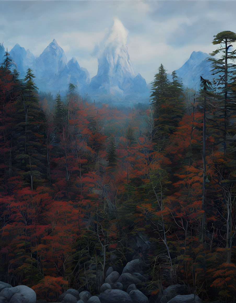 Autumn forest landscape with red foliage, rocky terrain, and misty mountains