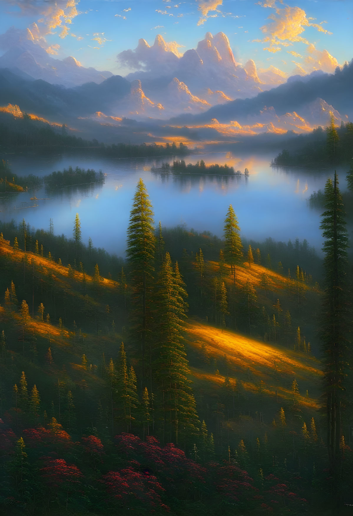 Misty lake sunrise with mountains and trees