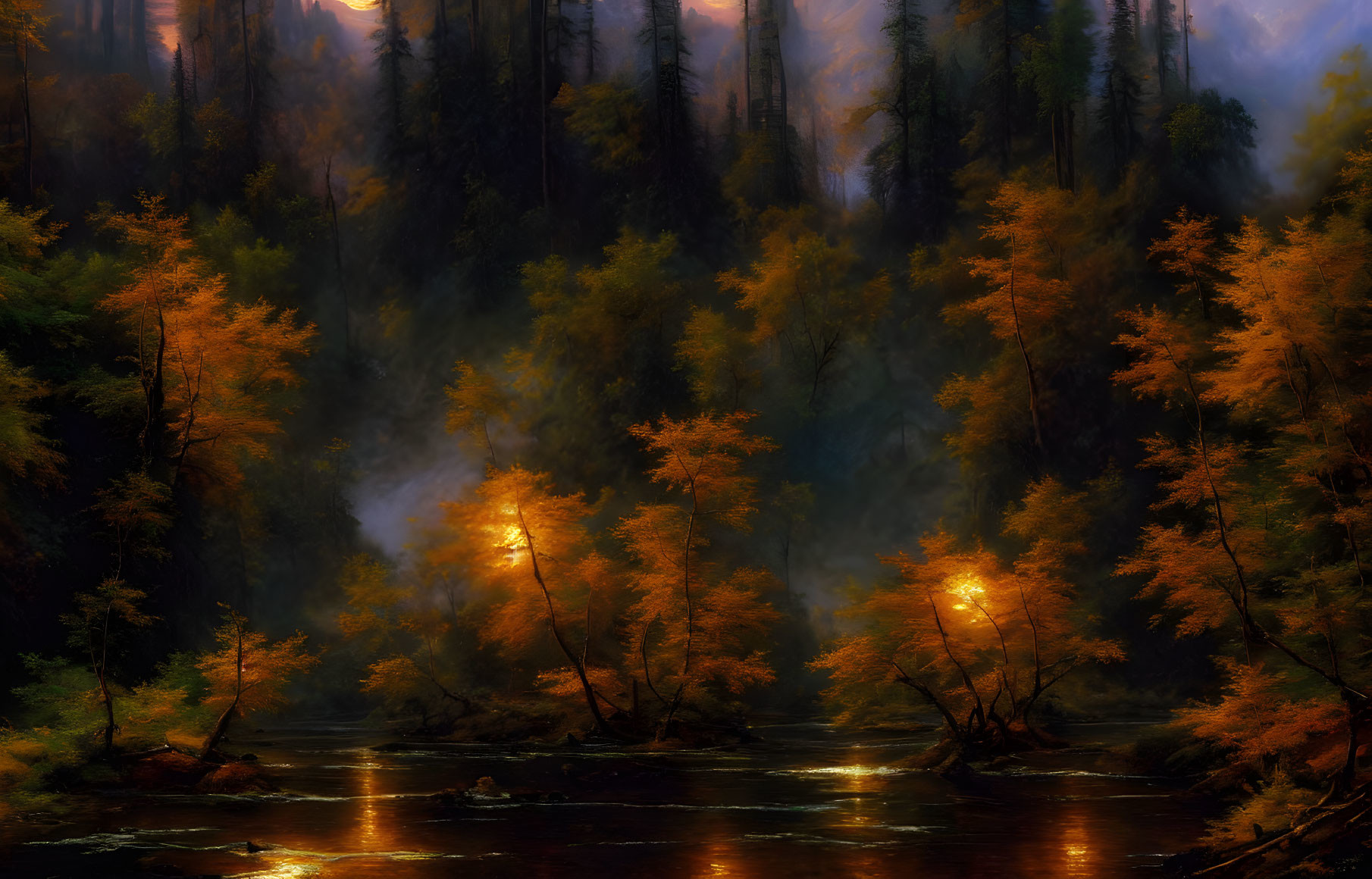 Tranquil autumn forest scene with misty river and golden leaves