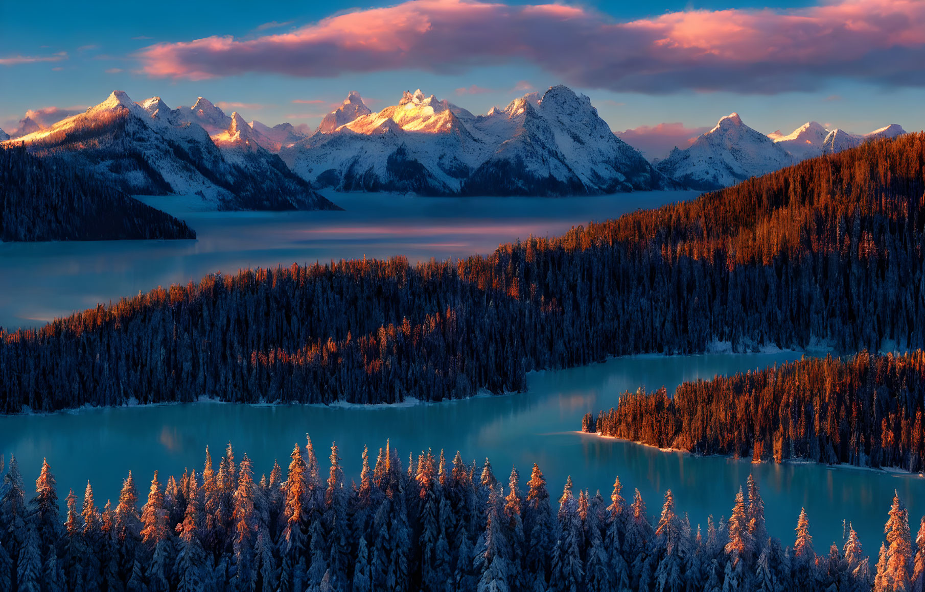 Snow-Capped Mountains at Sunset with Forest, Lake Reflection
