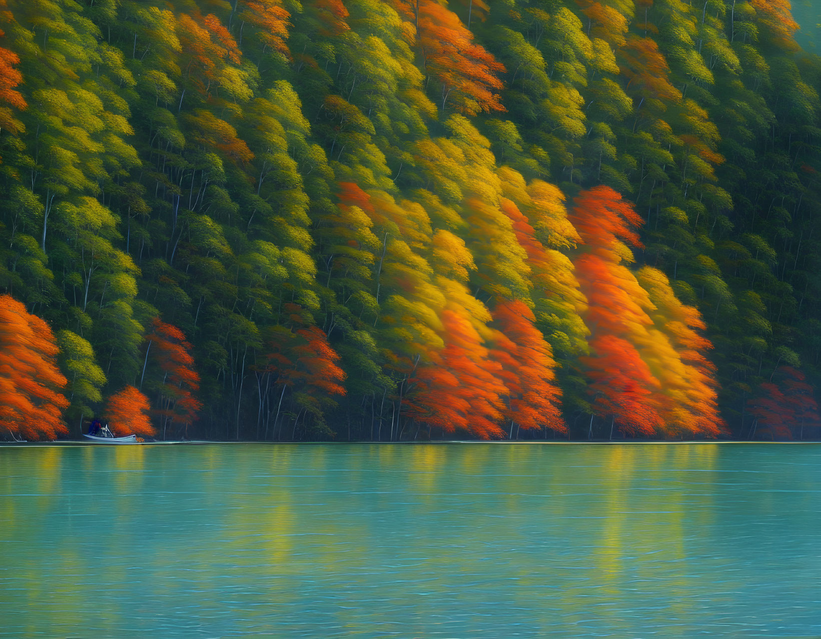 Colorful autumn trees mirroring in serene blue water with a small boat.
