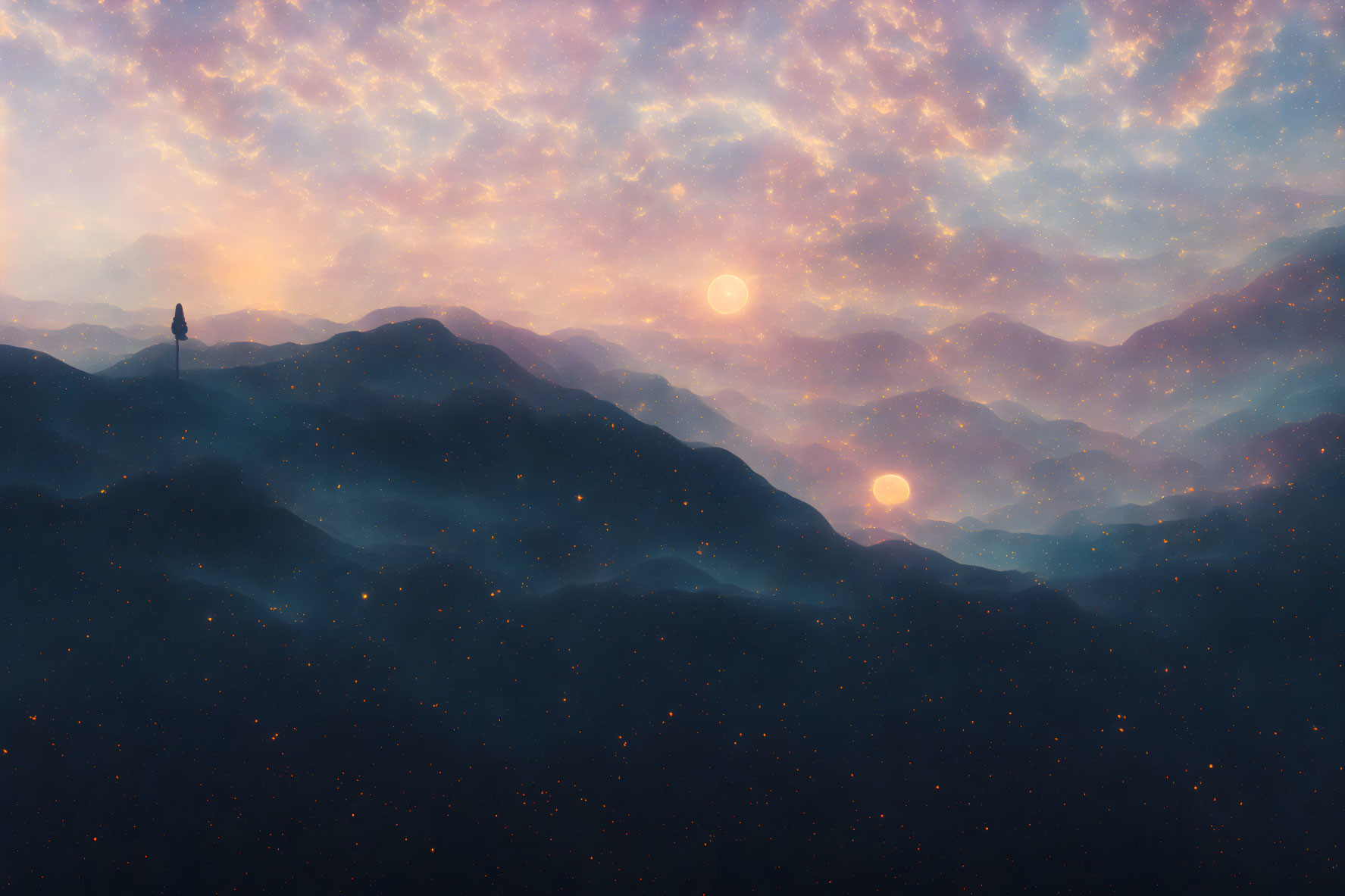 Solitary figure on misty mountain under cosmic sky with two suns
