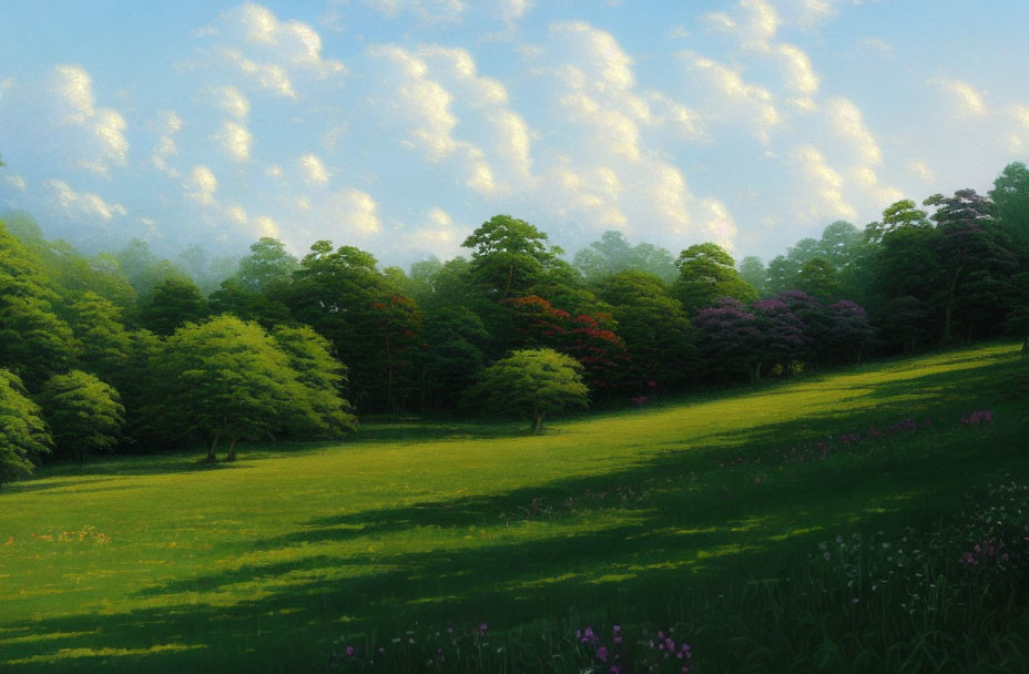 Vibrant green meadow with colorful trees and fluffy white clouds