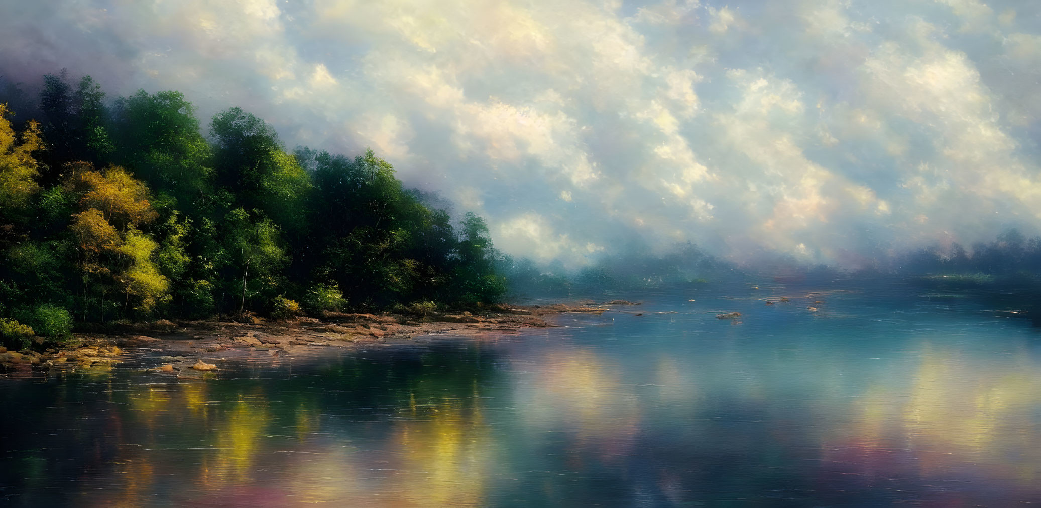 Tranquil landscape with river, trees, and soft clouds