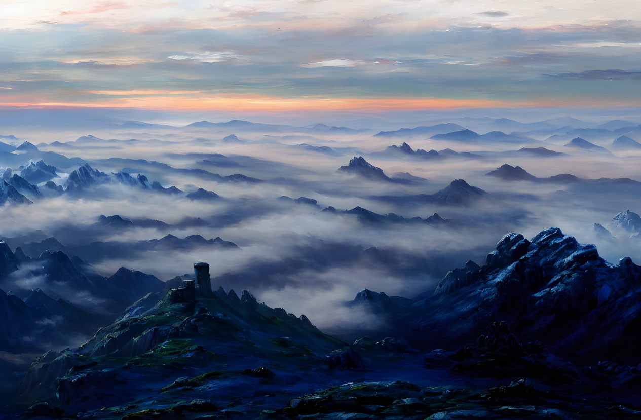 Majestic sunset mountain landscape with misty valleys and lone tower