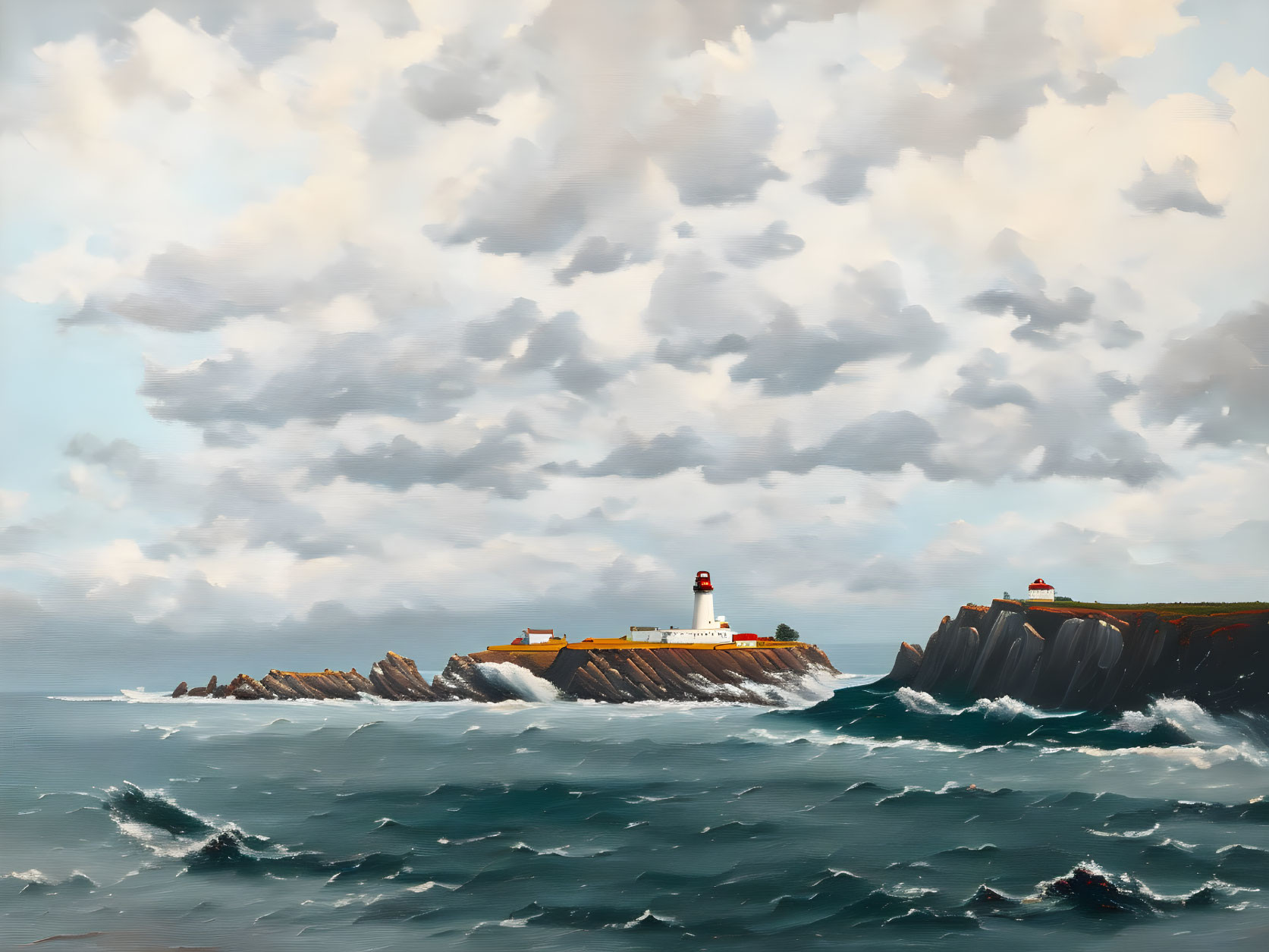 Scenic coastal landscape with lighthouse and crashing waves