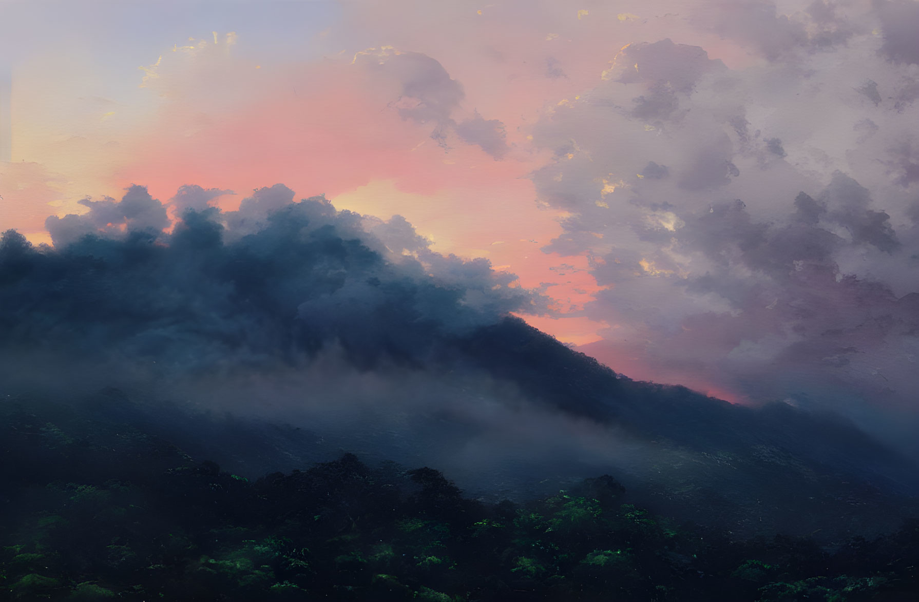 Majestic landscape: mist-covered mountain with colorful sunset/sunrise clouds