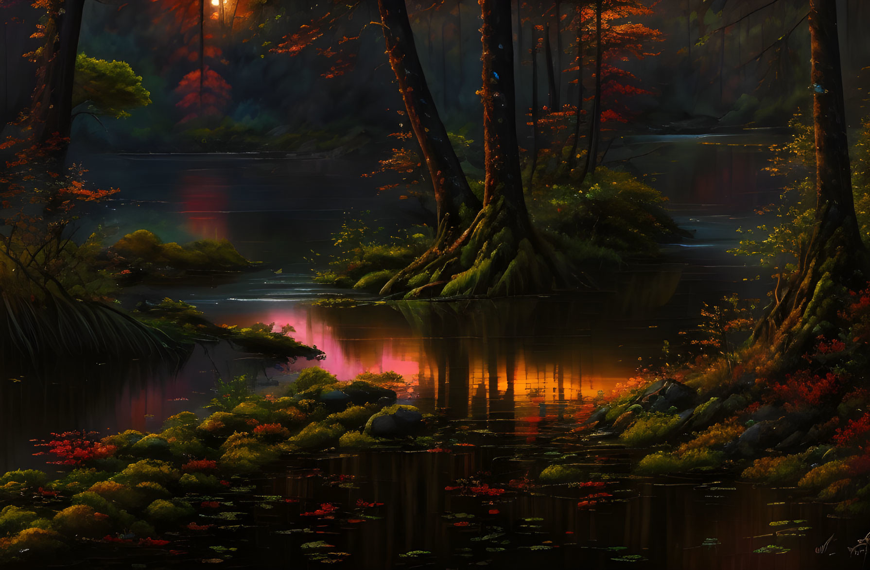 Tranquil twilight forest scene with reflective river and autumnal trees