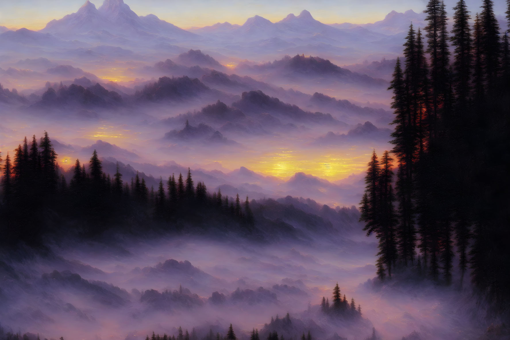 Foggy Mountain Landscape at Dawn with Pine Trees