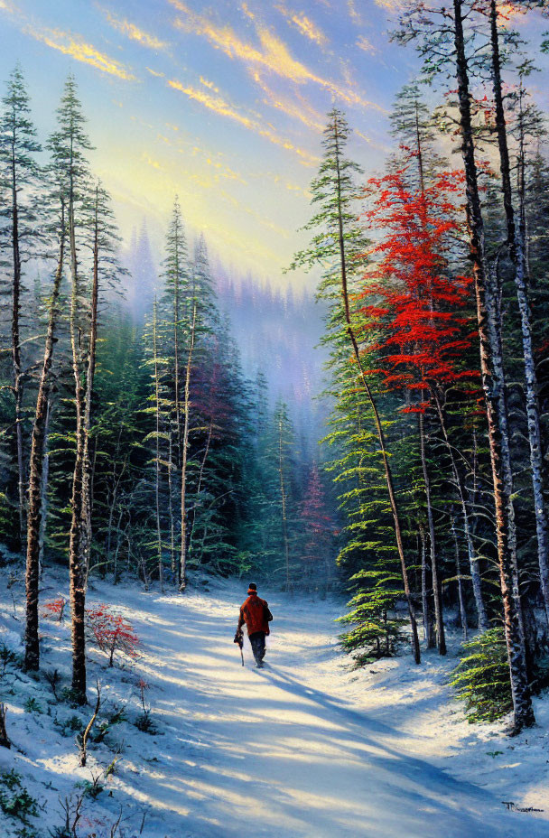 Snowy forest path with tall trees and sunset sky glimpses