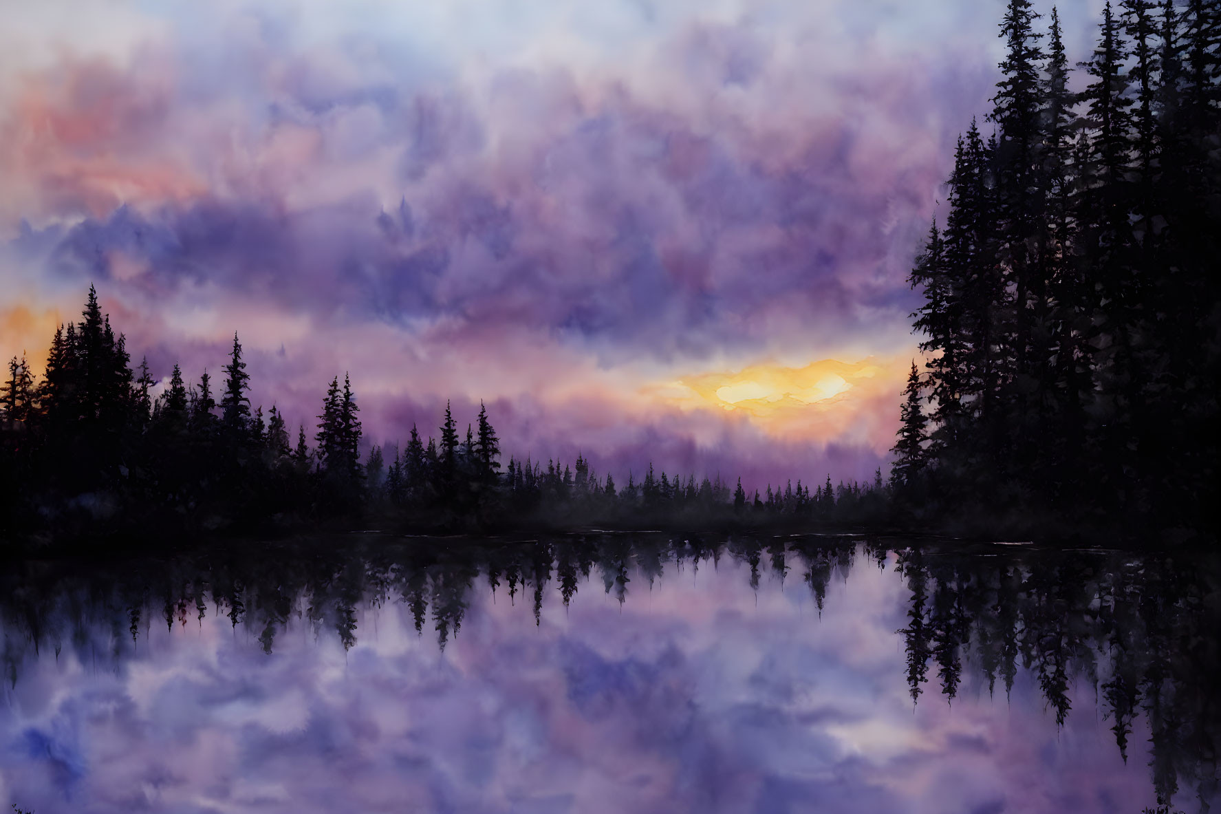 Tranquil landscape: Twilight sky reflected in serene lake