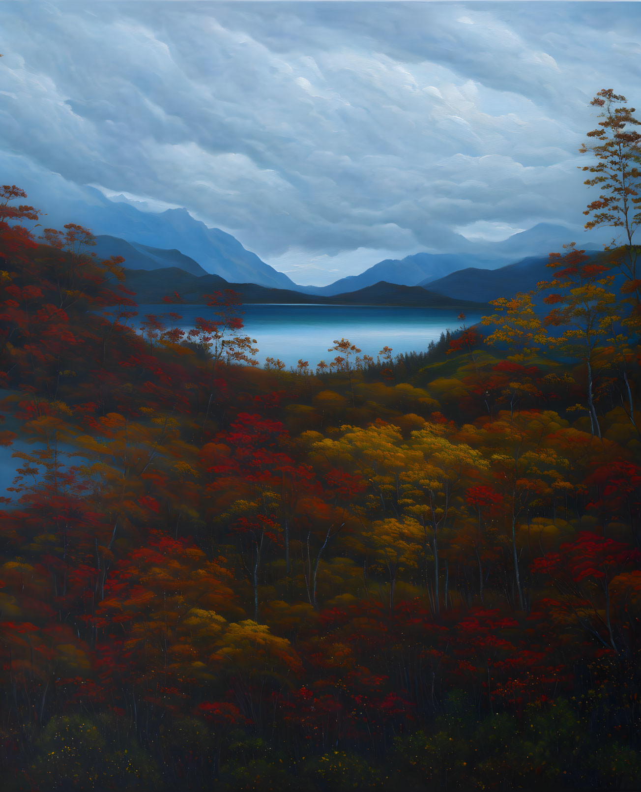 Scenic autumn landscape with fiery trees, tranquil lake, and distant mountains