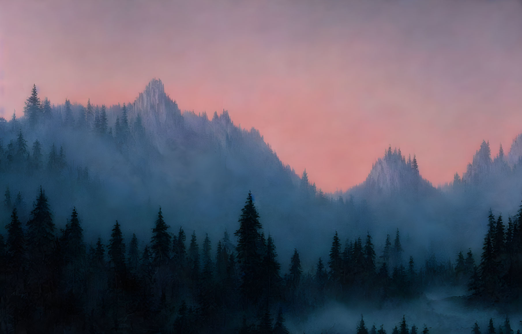 Twilight mountain landscape with mist, evergreen trees, and colorful sky