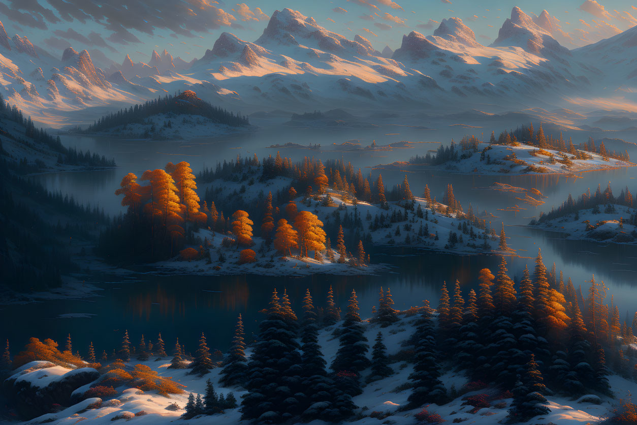 Misty Mountain Range Overlooking Calm Lake at Twilight