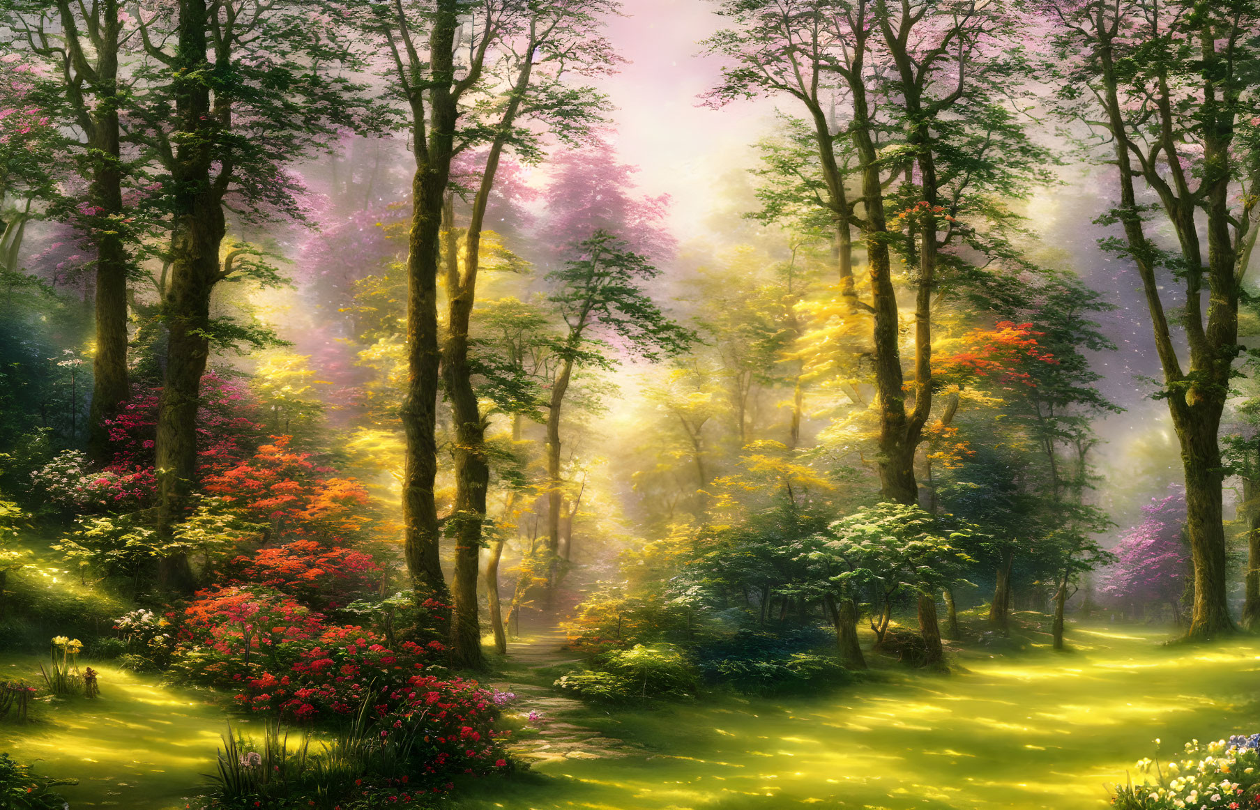 Sunlit mystical forest with tall trees, vibrant flowers, and glowing path.