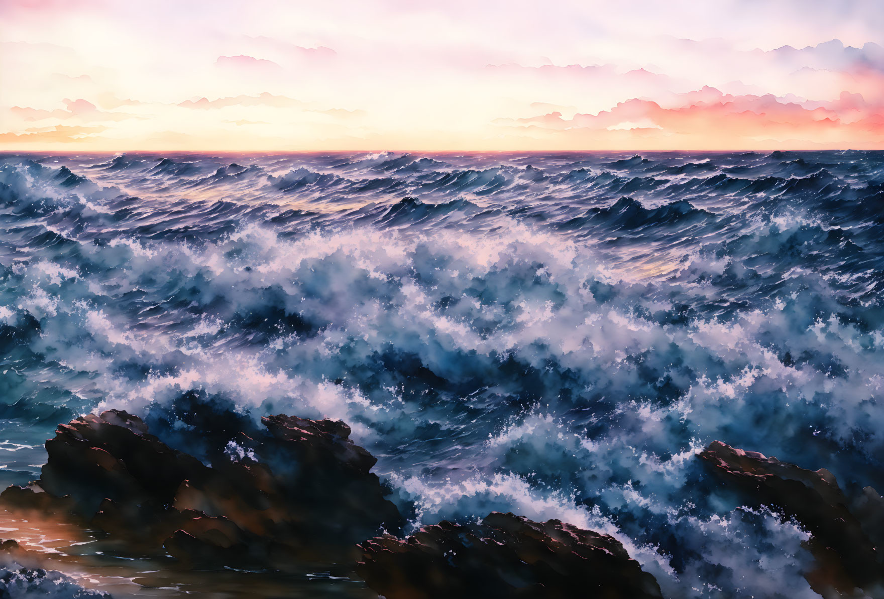 Vibrant sunset with crashing waves against rocks