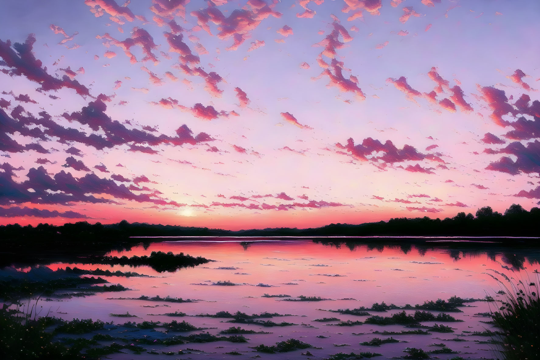 Colorful sunset over serene river with floating vegetation and silhouetted foliage