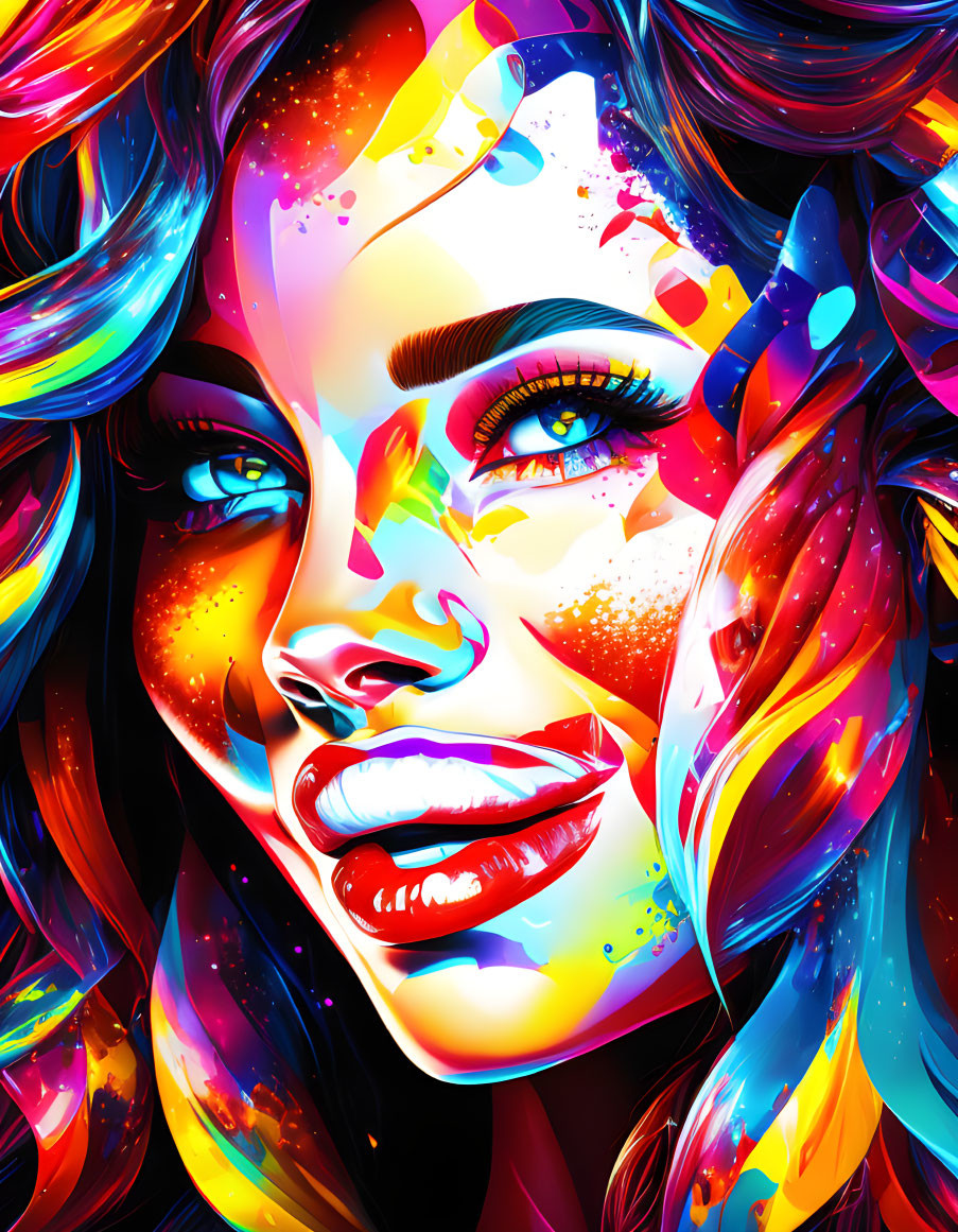 Colorful Abstract Digital Art: Woman's Face in Vibrant Reds, Blues, Yellows