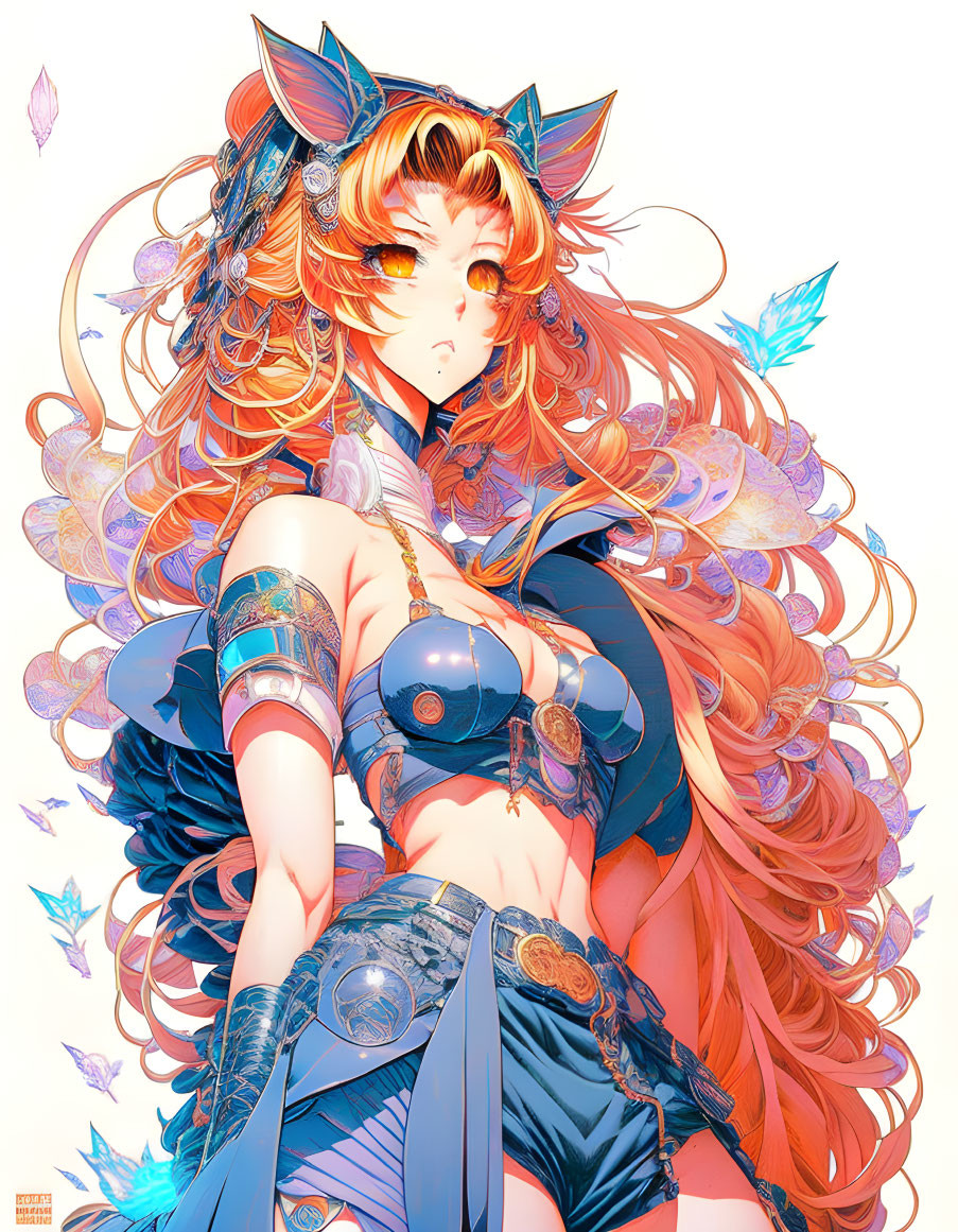 Illustrated female character with red hair, fox ears, ornate attire, and blue leaves.