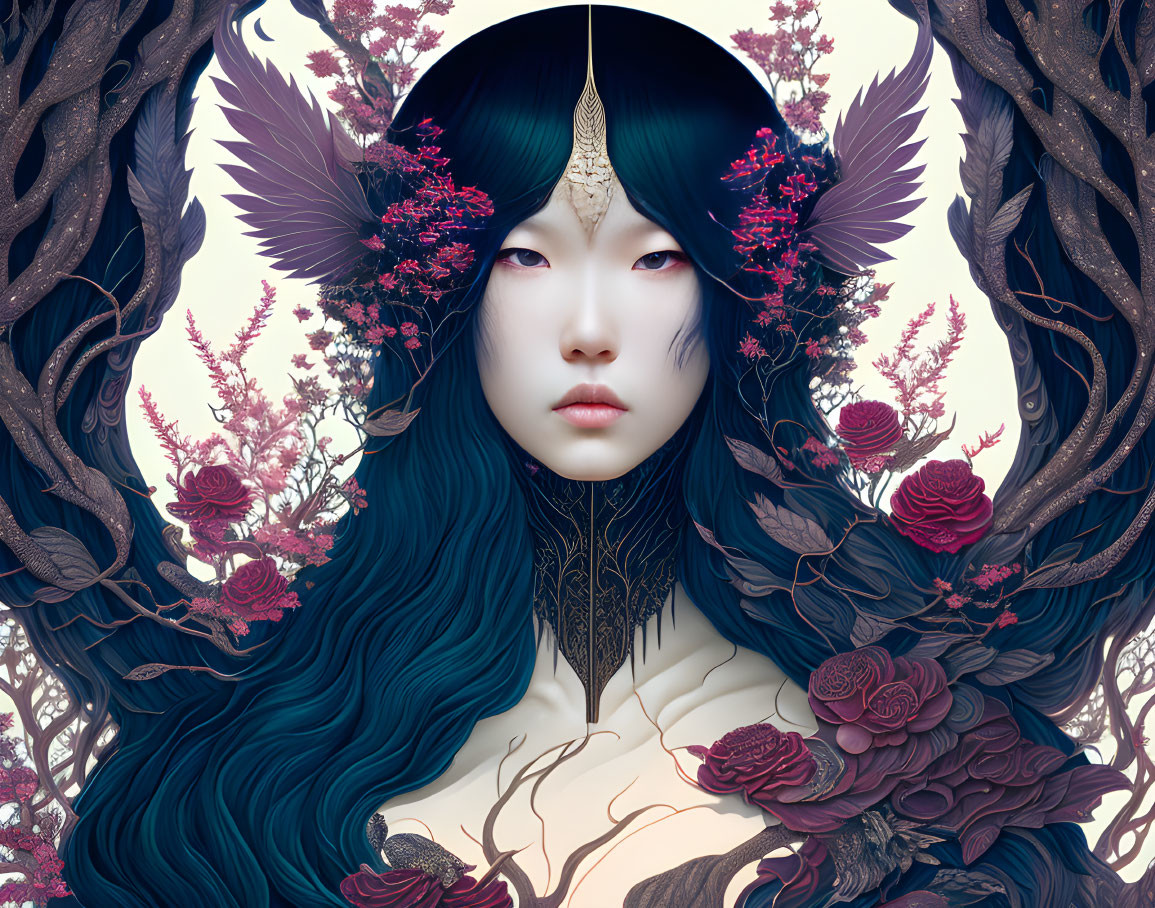 Digital artwork featuring woman with blue-black hair, antler-like elements, purple feathers, pink blossoms