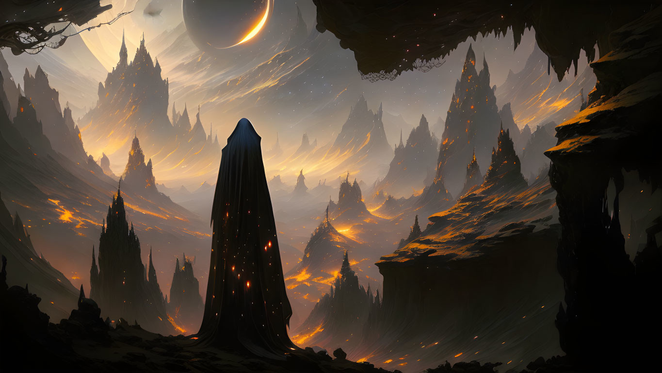 Cloaked figure in cavern gazes at fiery landscape with spire-like rock formations