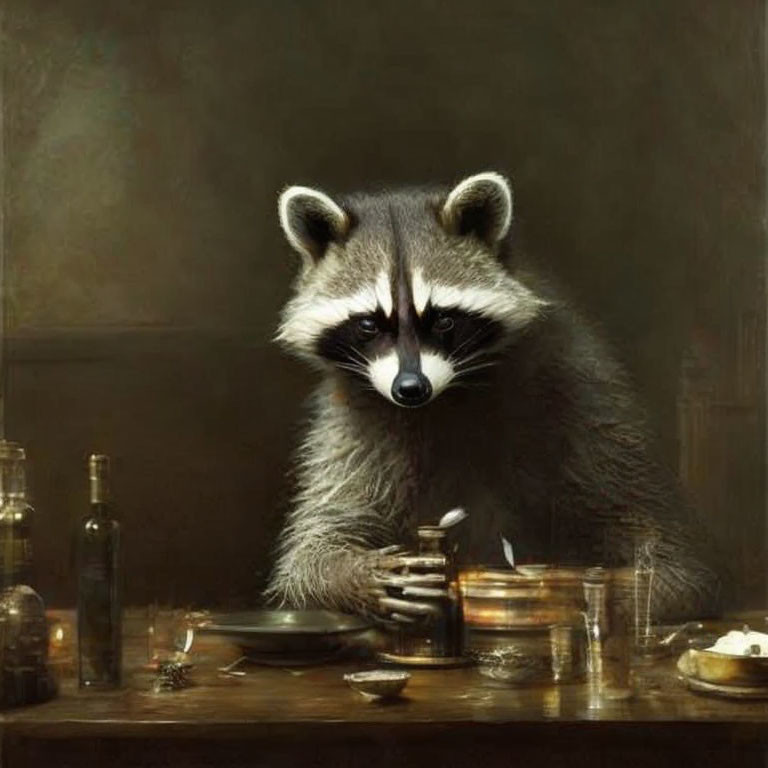 Raccoon at table with empty plate and fork, surrounded by jars and bottles