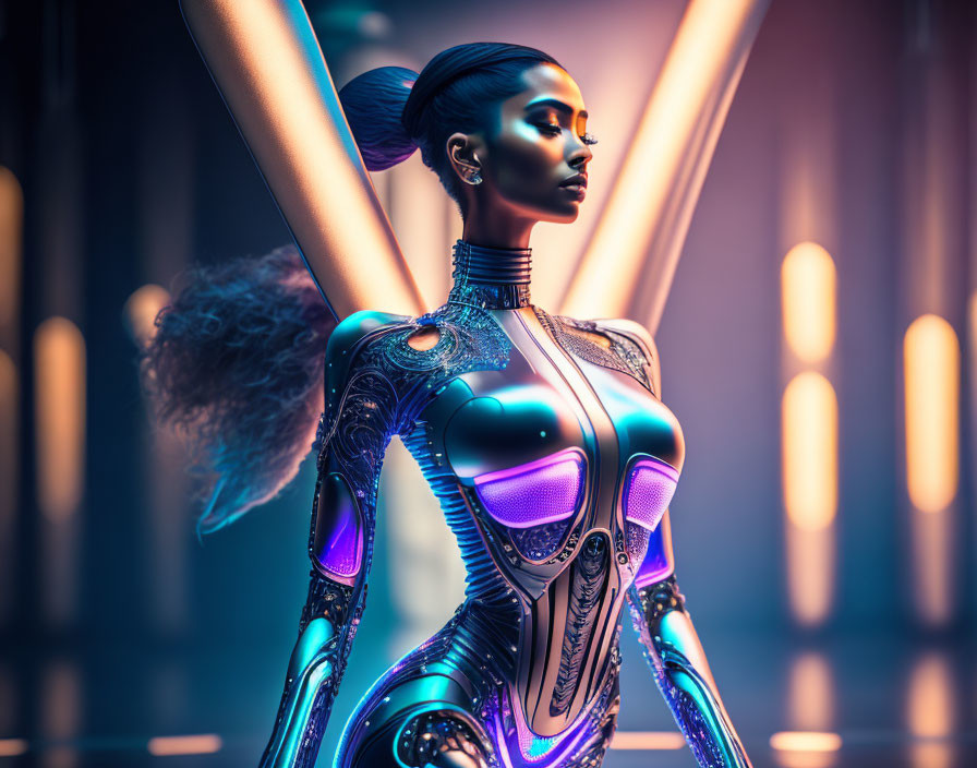 Futuristic female android with intricate designs and glowing blue lines