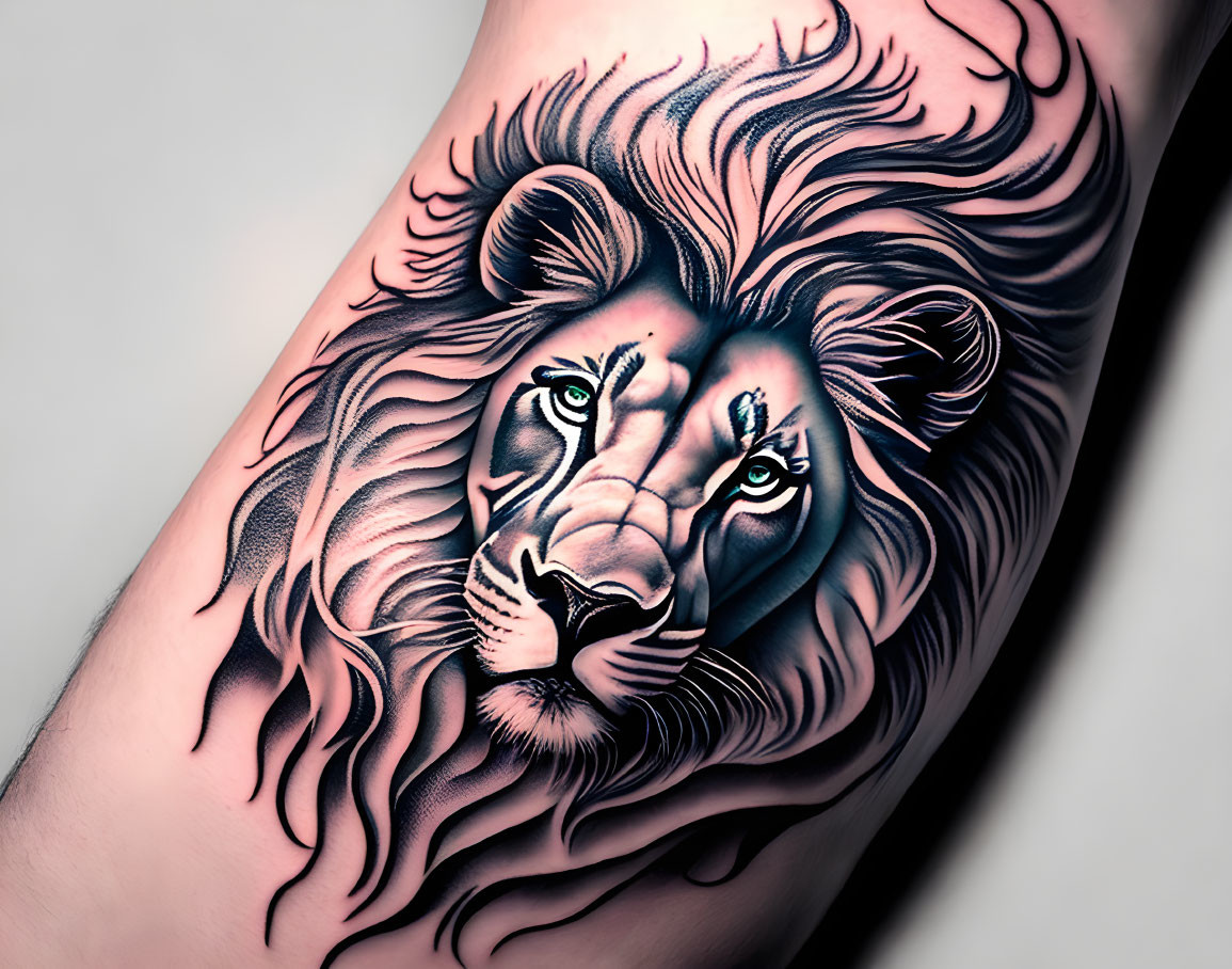 Detailed Black and Grey Lion Face Tattoo on Arm