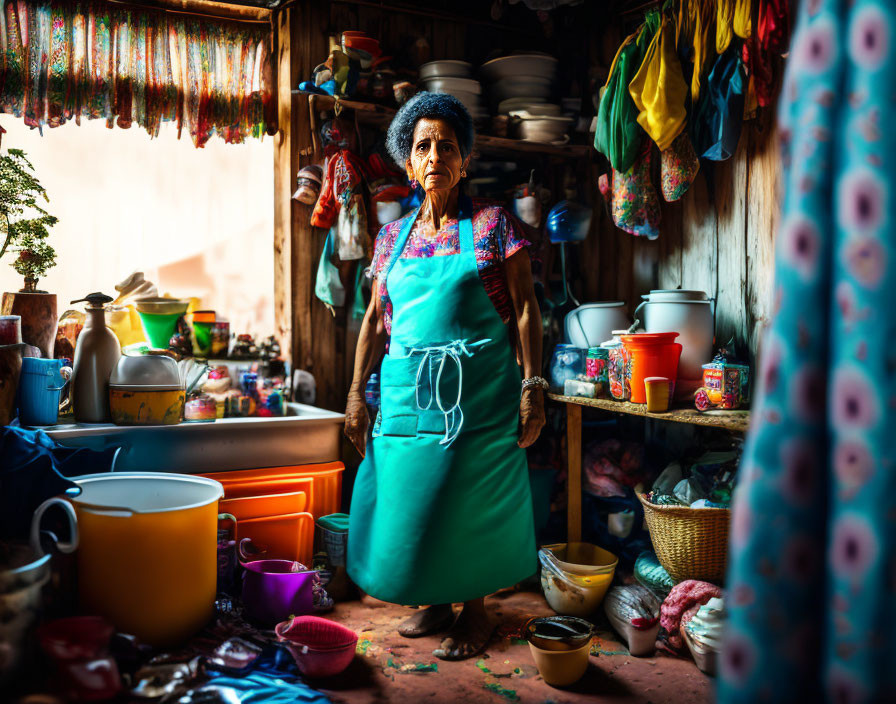 Elderly woman in colorful kitchen wearing apron gazes at camera