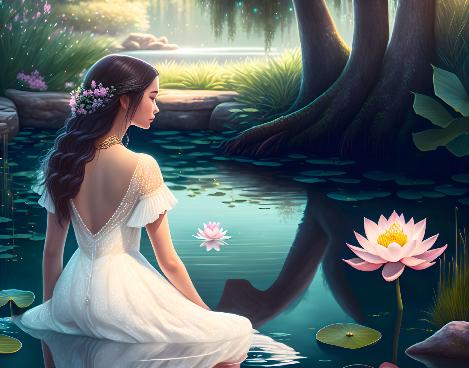 Woman in White Dress by Serene Lotus Pond with Blooming Flowers