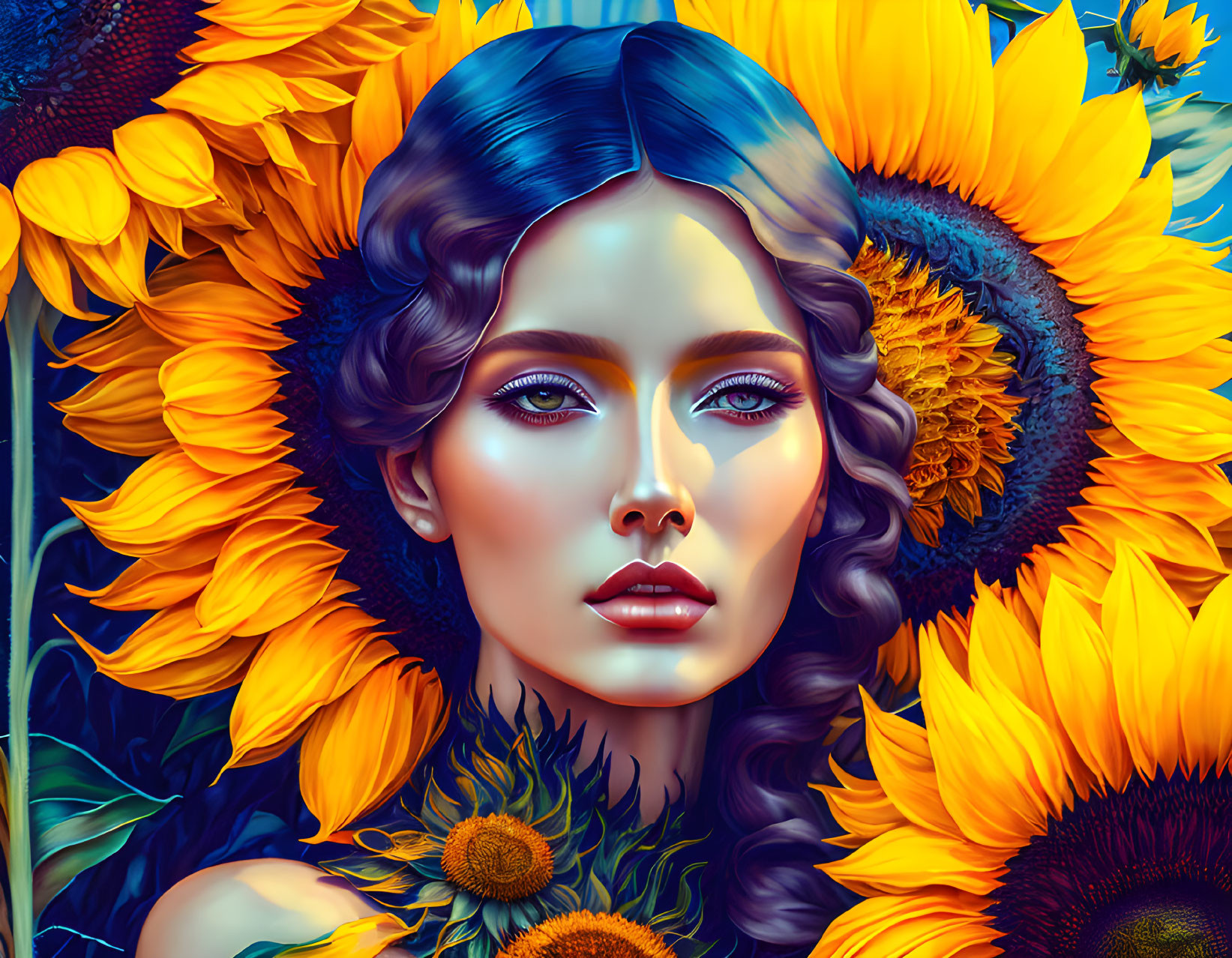 Vibrant sunflower-themed artwork with woman in blue hair and makeup