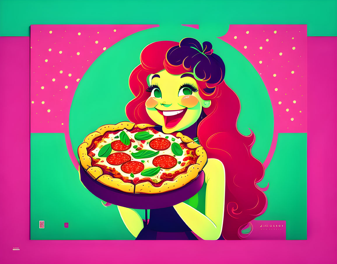 Colorful Illustration: Woman with Red Hair Holding Pizza