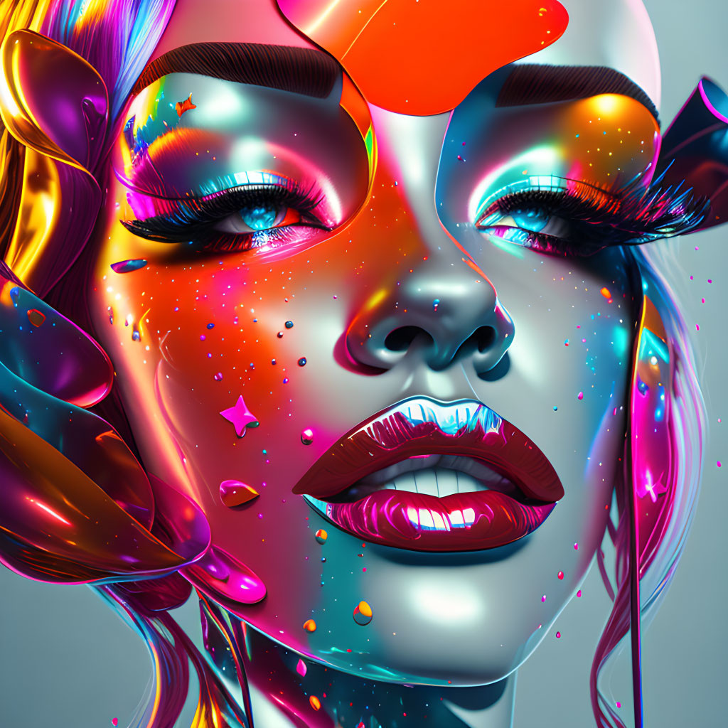 Multicolored digital portrait of female face with starry eyes and splash-like makeup effects