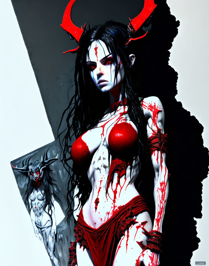 Stylized image of person with demonic theme and red horns, white and red makeup, blood-st