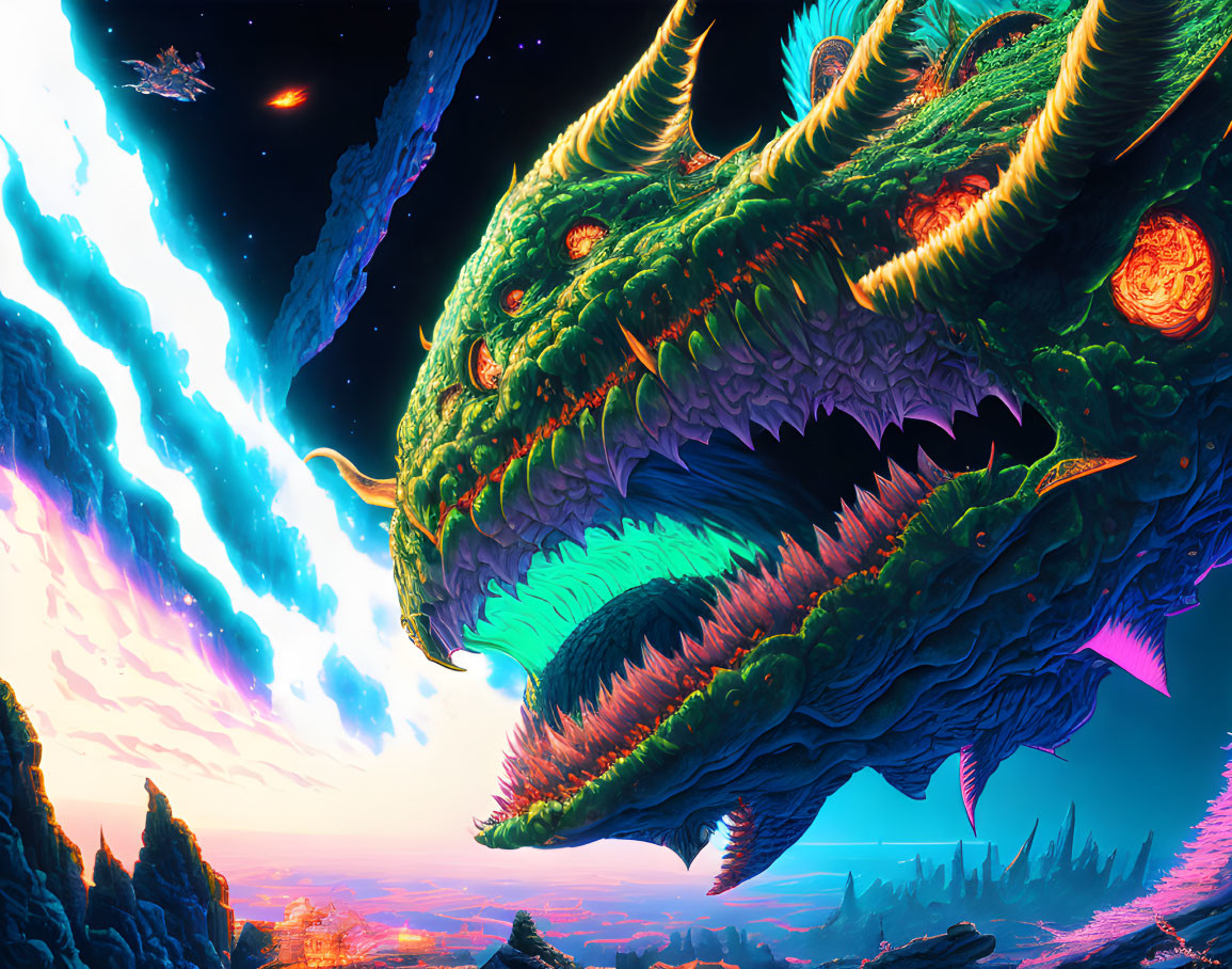 Digital Art: Colossal Green Dragon in Surreal Sky