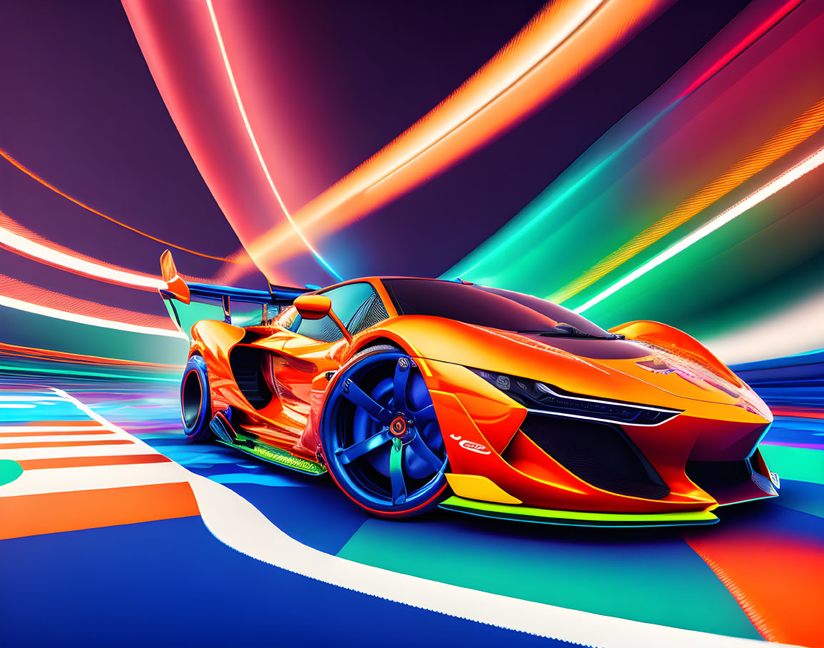 Futuristic orange sports car racing on vibrant track