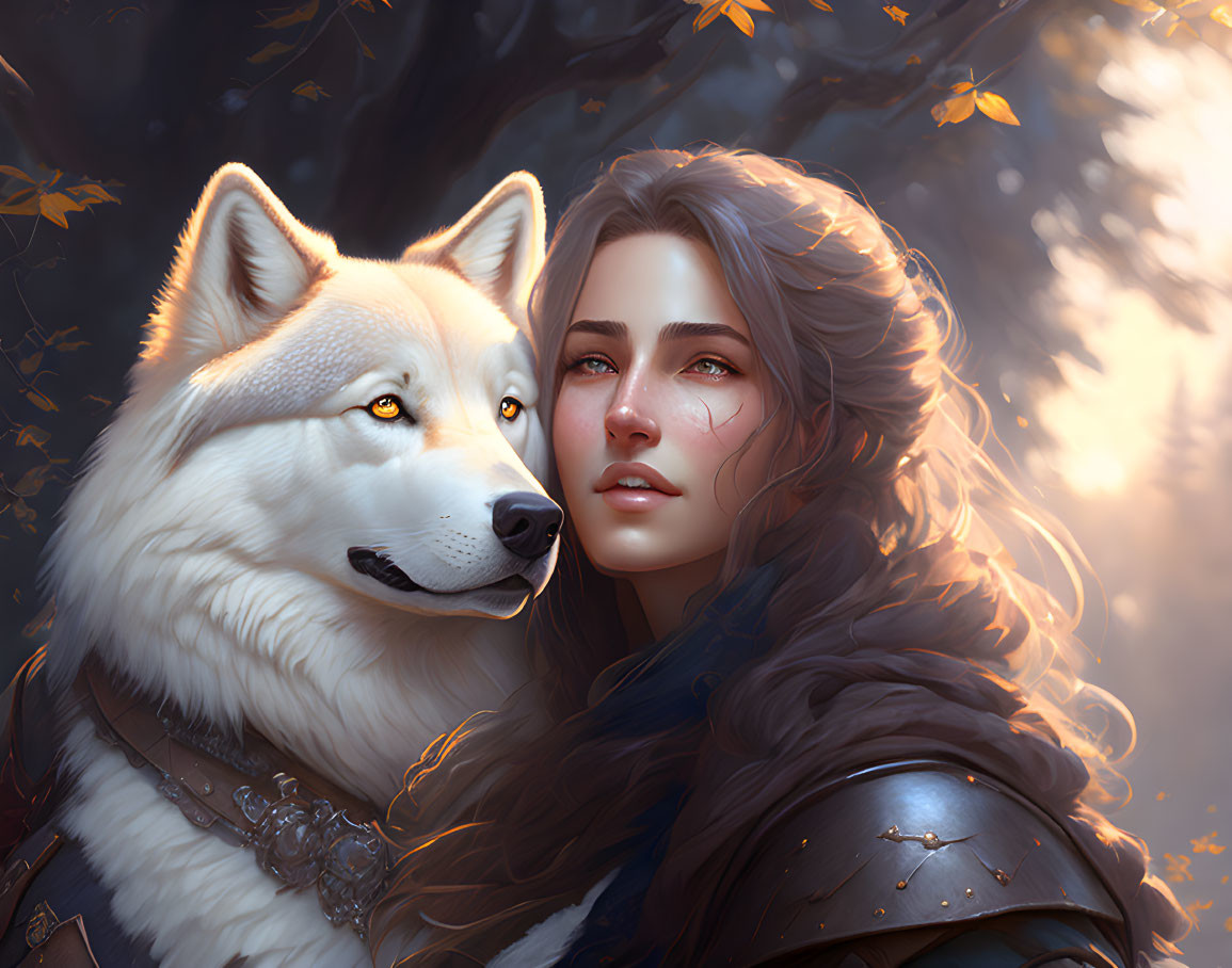 Woman with long wavy hair and armor next to a white wolf in a mystical forest