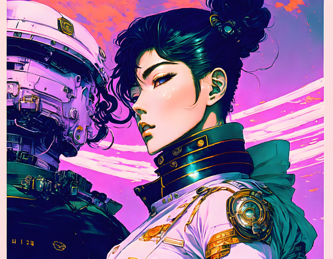 Futuristic female character with detailed armor and large mech in pink and purple sky